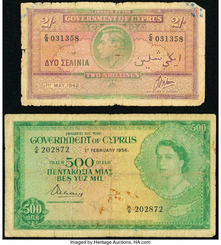 Cyprus Government of Cyprus 2 Shillings; 500 Mils 1.5.1942; 1.2.1956 Pick 21; 34...