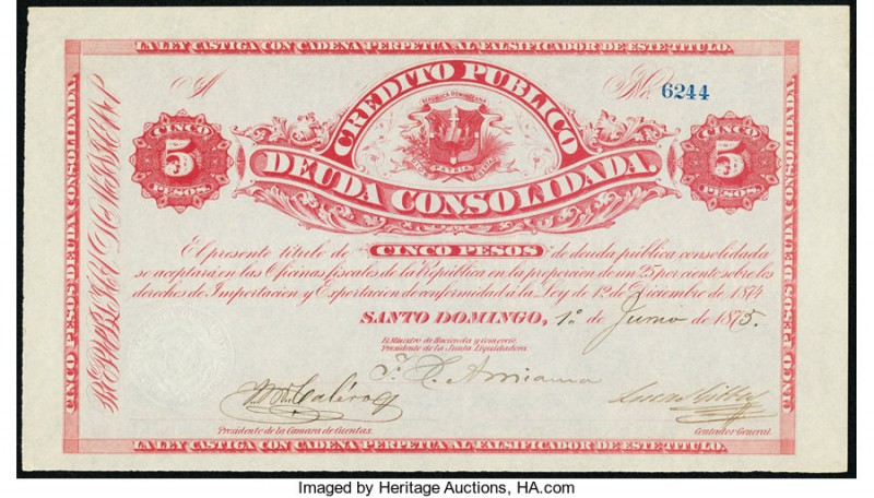 Dominican Republic Credito Publico Deuda Consolidada 5 Pesos 1.6.1875 Pick S161 ...