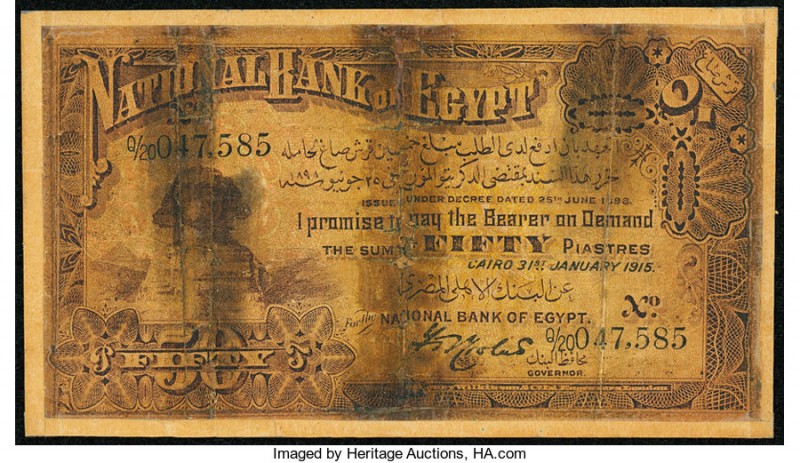 Egypt National Bank of Egypt 50 Piastres 31.1.1915 Pick 11 Fine. Numerous tape r...