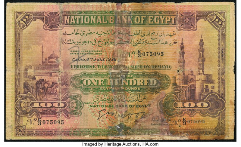 Egypt National Bank of Egypt 100 Pounds 4.6.1936 Pick 17c Very Good. Internal te...