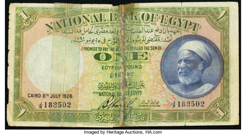Egypt National Bank of Egypt 1 Pound 8.7.1928 Pick 20 Fine. Severed and reattach...