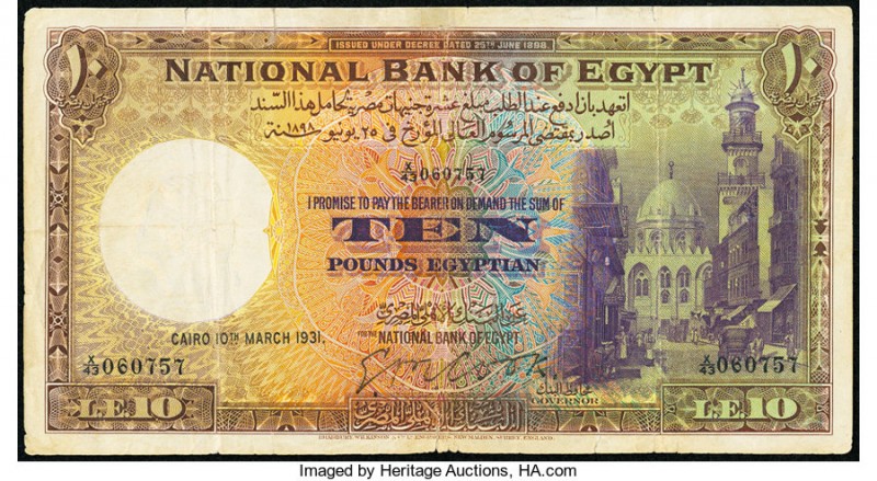 Egypt National Bank of Egypt 10 Pounds 10.3.1931 Pick 23a Fine-Very Fine. Edge a...