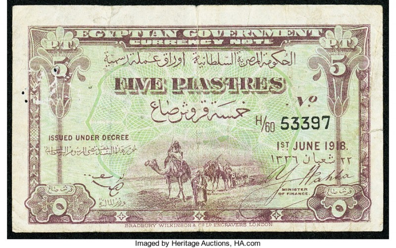 Egypt Egyptian Government 5 Piastres 1.6.1918 Pick 161 Very Fine. Pinholes.

HID...