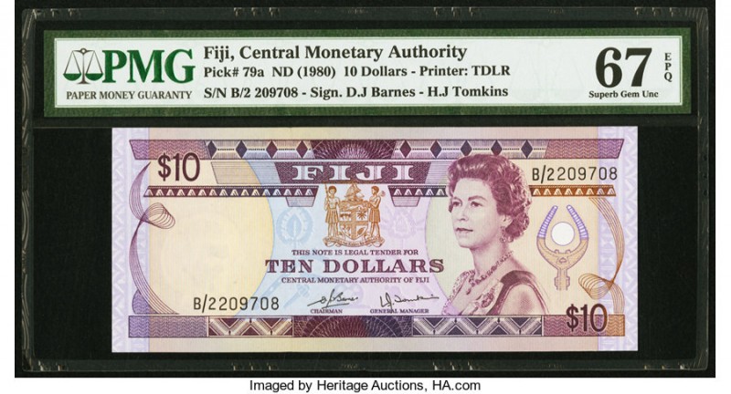 Fiji Central Monetary Authority 10 Dollars ND (1980) Pick 79a PMG Superb Gem Unc...