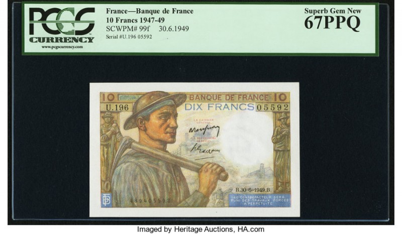 France Banque de France 10 Francs 30.6.1949 pick 99f PCGS Superb Gem New 67 PPQ....