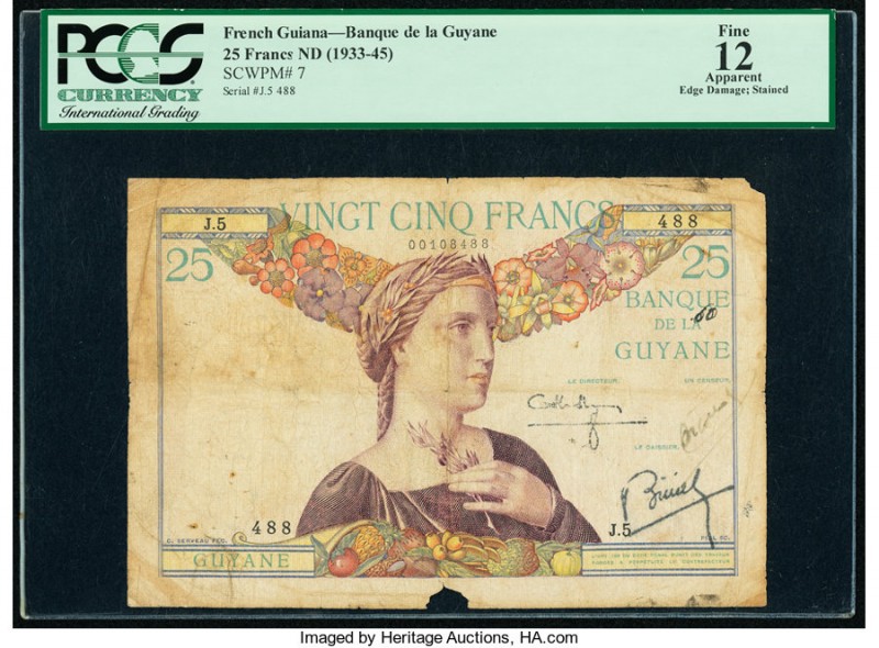 French Guiana Banque de la Guyane 25 Francs ND (1933-45) Pick 7 PCGS Apparent Fi...