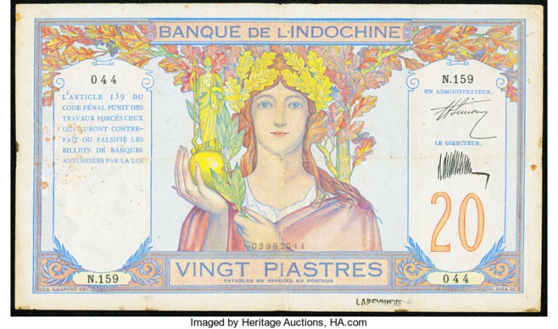 French Indochina Banque de l'Indo-Chine 20 Piastres ND (1928-31) Pick 50 Very Fi...
