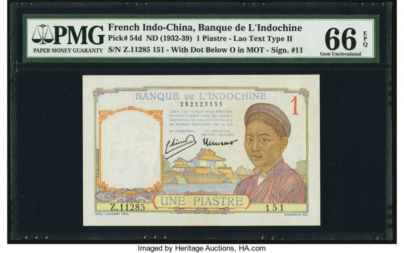 French Indochina Banque de l'Indo-Chine 1 Piastre ND (1932-39) Pick 54d PMG Gem ...
