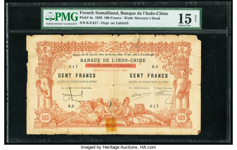 French Somaliland Banque de l'Indo-Chine 100 Francs 2.1.1920 Pick 4a PMG Choice ...