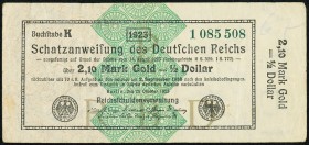 Germany Imperial Treasury 2.10 Goldmark = 1/2 Dollar 1923 Pick 157 Very Fine. Annotation.

HID09801242017