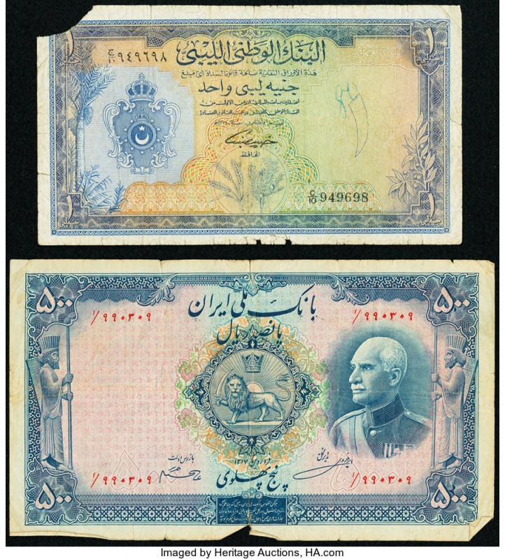 Iran Bank Melli 500 Rials AH1317 (1938) Pick 37d Fine; Libya National Bank of Li...