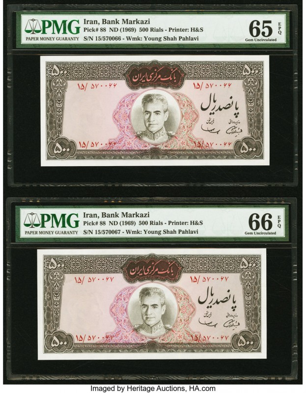 Iran Bank Markazi 500 Rials ND (1969) Pick 88 Two Consecutive Examples PMG Gem U...