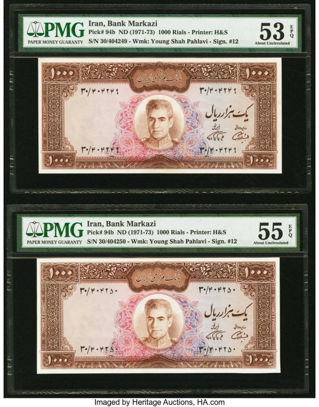 Iran Bank Markazi 1000 Rials ND (1971-73) Pick 94b Two Consecutive Examples PMG ...