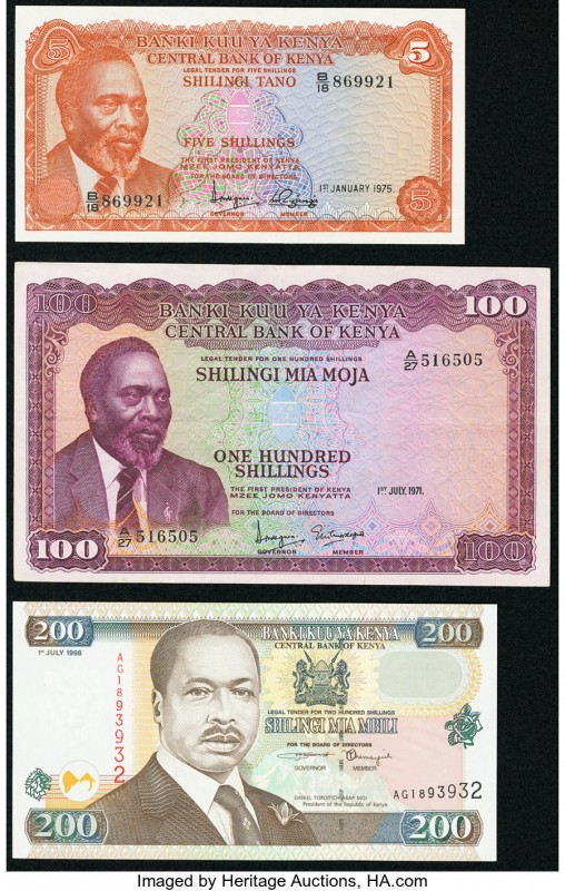 Kenya Central Bank of Kenya 100 Shillings 1971 Pick 10b; 5 Shillings 1975 Pick 1...
