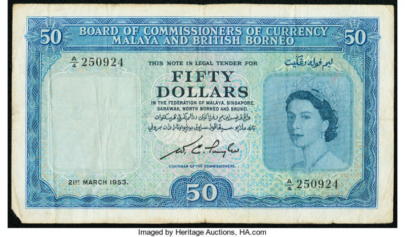 Malaya and British Borneo Board of Commissioners of Currency 50 Dollars 21.3.195...