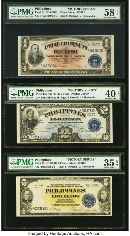 Philippines Treasury Certificate 1; 2; 5 Pesos ND (1944) Pick 94; 95a; 96 Three ...