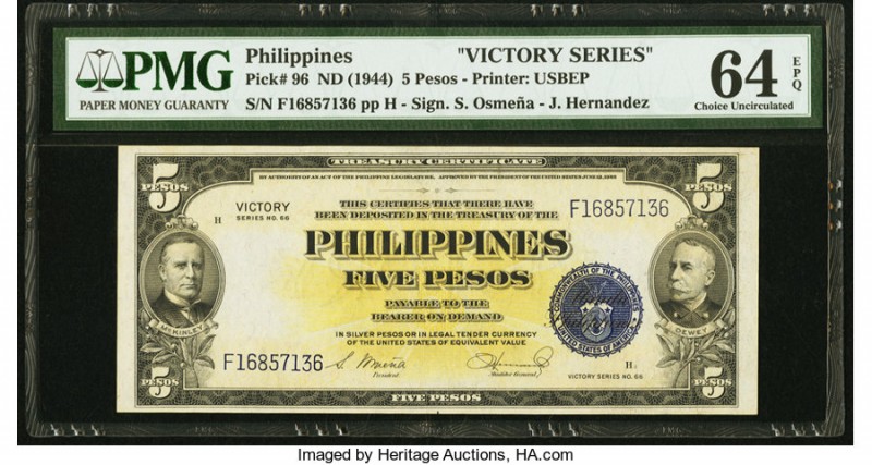 Philippines Treasury Certificate 5 Pesos ND (1944) Pick 96 "Victory Series" PMG ...