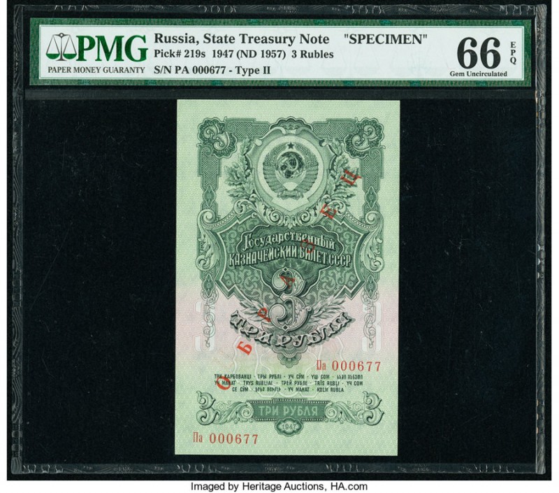 Russia State Treasury Notes 3 Rubles 1947 (ND 1957) Pick 219s Specimen PMG Gem U...