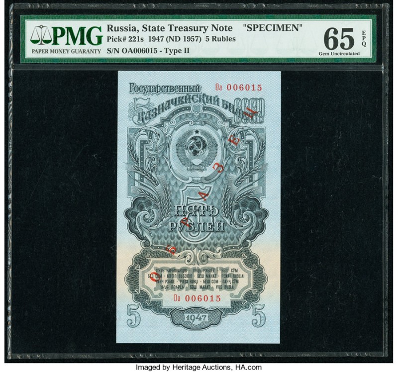 Russia State Treasury Notes 5 Rubles 1947 (ND 1957) Pick 221s Specimen PMG Gem U...
