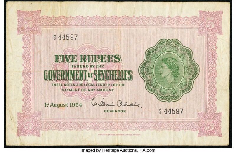 Seychelles Government of Seychelles 5 Rupees 1954 Pick 11a Fine-Very Fine. 

HID...