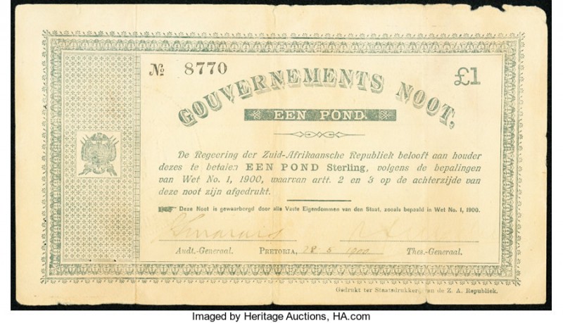 South Africa Government Noot 1 Pound 1900 Pick 54b Fine-Very Fine. Edge splits a...