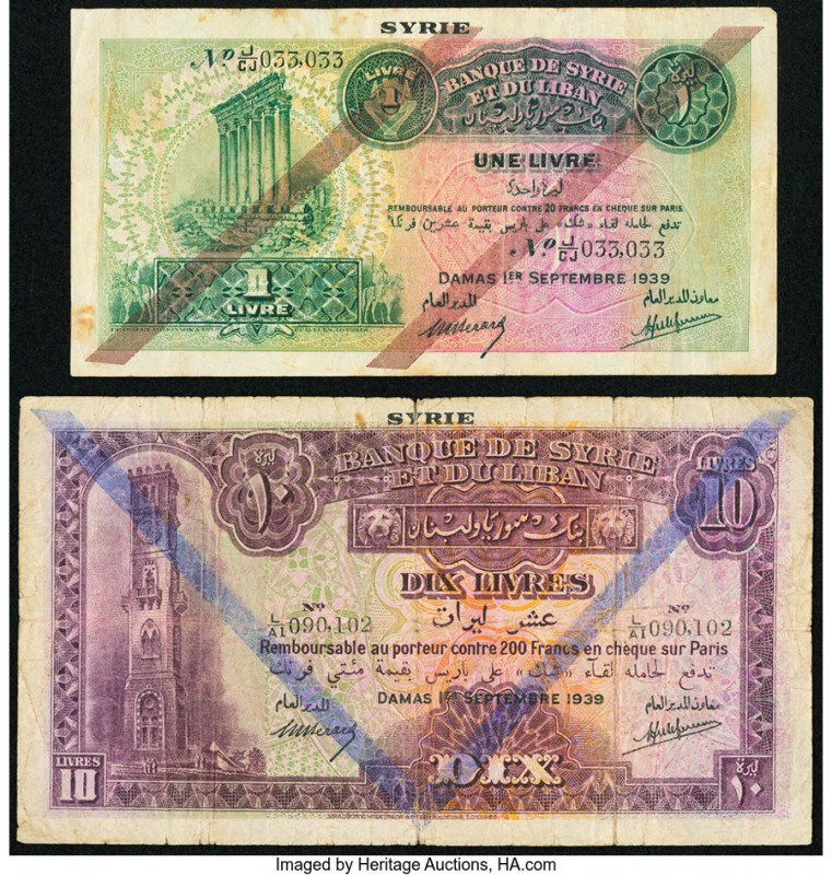 Syria Banque de Syrie et du Liban 1; 10 Livres 1939 Pick 40a; 42c Fine or Better...