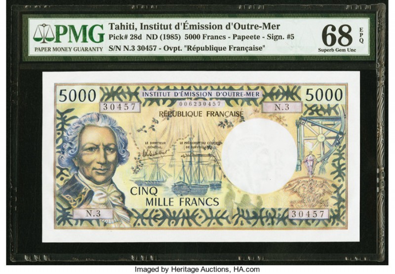 Tahiti Institut D'Emission D'Outre-Mer 5000 Francs ND (1985) Pick 28d PMG Superb...