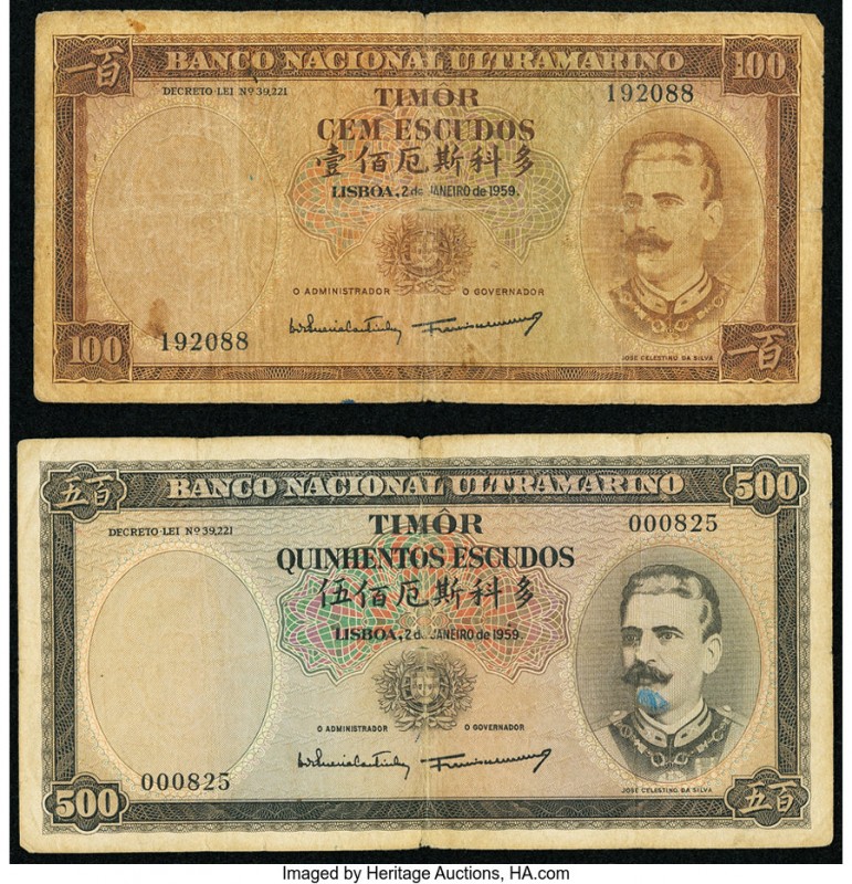 Timor Banco Nacional Ultramarino 100; 500 Escudos 1959 Pick 24a; 25a Fine or Bet...