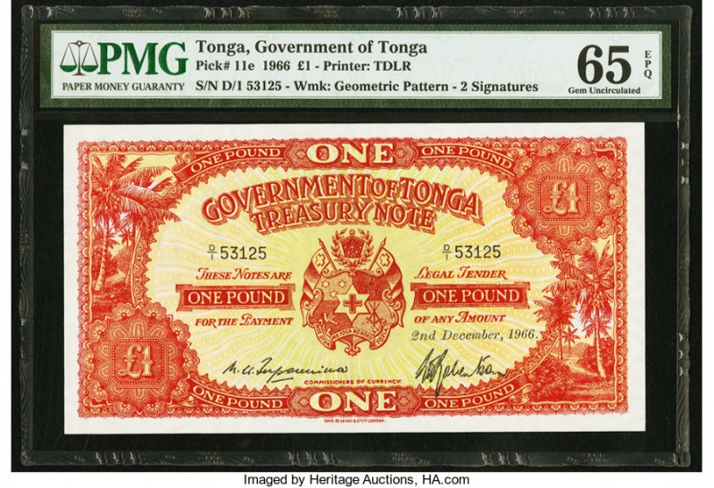 Tonga Government of Tonga 1 Pound 2.12.1966 Pick 11e PMG Gem Uncirculated 65 EPQ...