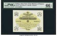 Turkey State Notes of the Ministry of Finance 5 Piastres ND (1916-17) / AH1332 Pick 87 PMG Gem Uncirculated 66 EPQ. 

HID09801242017