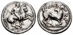 Cilicia. Kelenderis. Estátera. 425-400 a.C. (Sng BN-69f variante). (Sng Levante-26 variante). Anv.: Joven desnudo saltando de un caballo al galope a l...
