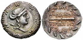Macedon. Amphipolis. Tetradracma. 158-150 a.C. (Sng Cop-1314). Anv.: Cabeza diademada y drapeada de Artemisa a derecha, dentro de escudo macedonio. Re...