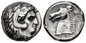 Sicily. Tetradracma. 300-289 a.C. (Jenkins-405). Anv.: Cabeza de Herakles a derecha, tocado con piel de león. Rev.: Cabeza de caballo a izquierda, det...