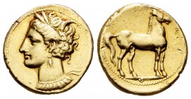 Carthaginian coinage in Sicily and North Africa. Estátera. 310-270 a.C. Carthage. (Jenkins Lewis-280). Anv.: Cabeza de Tanit a la izquierda, delante g...