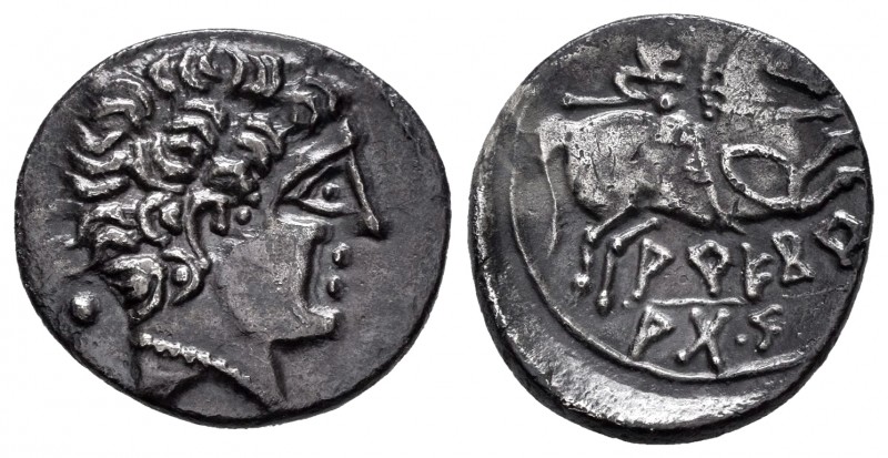 Arekoratas. Denario. 150-20 a.C. Ágreda (Soria). Anv.: Cabeza masculina a derech...