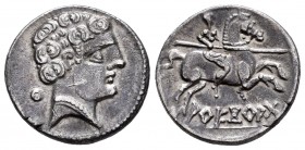 Arekoratas. Denario. 150-20 a.C. Ágreda (Soria). (Abh-108). (Acip-1770). Anv.: Cabeza masculina a derecha, detrás punto. Rev.: Jinete con lanza y asom...