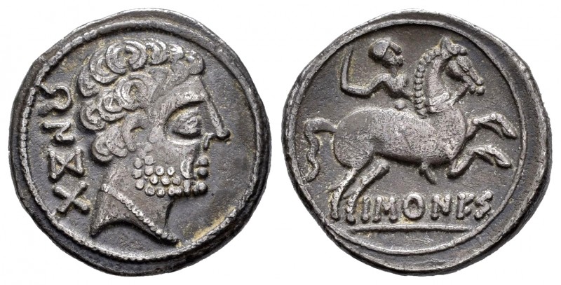 Baskunes. Denario. 120-20 a.C. Pamplona. (Abh-215). (Acip-1630). Anv.: Cabeza ma...