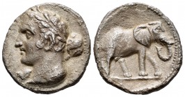 Hispanic-Carthaginian Coinage. 1 1/2 shekel. 235-220 a.C. Cartagonova. (Acip-554). (C-14). Anv.: Cabeza masculina laureada a izquierda con clava sobre...