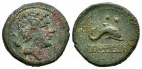 Eustibaikula. Sextante. 120-20 a.C. Area of Cataluña. (Abh-1296). (Acip-1310). Anv.: Cabeza masculina a derecha con manto, detrás delfín, gráfila de p...