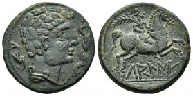 Lakine. As. 120-20 a.C. Area of Aragón. (Abh-1656). (Acip-1505). Anv.: Cabeza masculina a derecha con adornos en el cuello, rodeada de tres delfines. ...