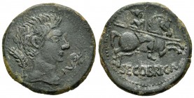 Segobriga. As. 27 a.C.-14 d.C. Huete (Cuenca). (Abh-2182). (Acip-3240). Anv.: Cabeza masculina a derecha, delnate delfín y detrás palma. Rev.: Jinete ...