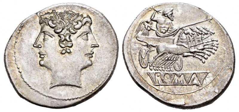 Anonymous. Didracma - Quadrigatus. 225-214 a.C. (Craw-29/3). Anv.: Cabeza laurea...