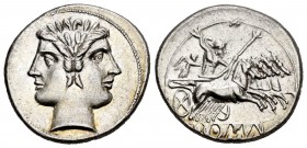 Anonymous. Didracma - Quadrigatus. 225-214 a.C.. (Craw-28/3). Anv.: Cabeza laureada de Jano. Rev.: Júpiter en cuadriga a derecha, detrás Victoria, deb...