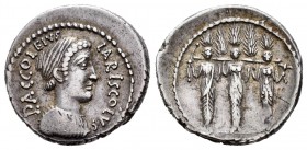 Accoleius. Denario. 43 a.C. Rome. (Ffc-90). (Craw-486/1). (Cal-62). Anv.: Busto de Acca Larentia a derecha, alrededor P ACCOLEIVS LARISCOLVS. Rev.: La...