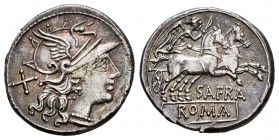 Afranius. Denario. 150 a.C. Rome. (Ffc-133). (Craw-206/1). (Cal-112). Anv.: Cabeza de Roma a derecha, detrás X. Rev.: Victoria en biga a derecha con l...