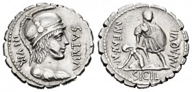 Aqullius. Denario. 71 a.C. Uncertain mint. (Ffc-168). Anv.: Variante por diferente parte trasera inferior del yelmo, denario dentellado, detrás III VI...