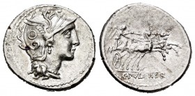 Claudius. Denario. 110-109 a.C. Rome. (Ffc-565). (Craw-300/1). (Cal-424). Anv.: Cabeza de Roma a derecha. Rev.: Victoria en biga a derecha, debajo C P...