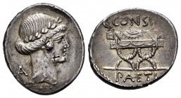 Considius. Denario. 46 a.C. Rome. (Ffc-594). (Craw-465/2a). (Cal-460). Anv.: Cabeza laureada de Apolo a derecha, detrás A. Rev.: Silla curul sobre la ...