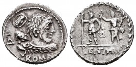 Cornelius. Denario. 100 a.C. Rome. (Ffc-619). (Cal-480). (Seaby-25b). Anv.: Busto de Hércules con escudo oval y letra griega detrás, debajo ROMA. Rev....