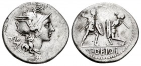 Didius. Denario. 112-113 d.C. Uncertain mint. (Ffc-675). (Craw-294-1). (Cal-539). Rev.: Dos gladiadores luchando, en exergo T DEIDE. Ag. 3,81 g. Scarc...